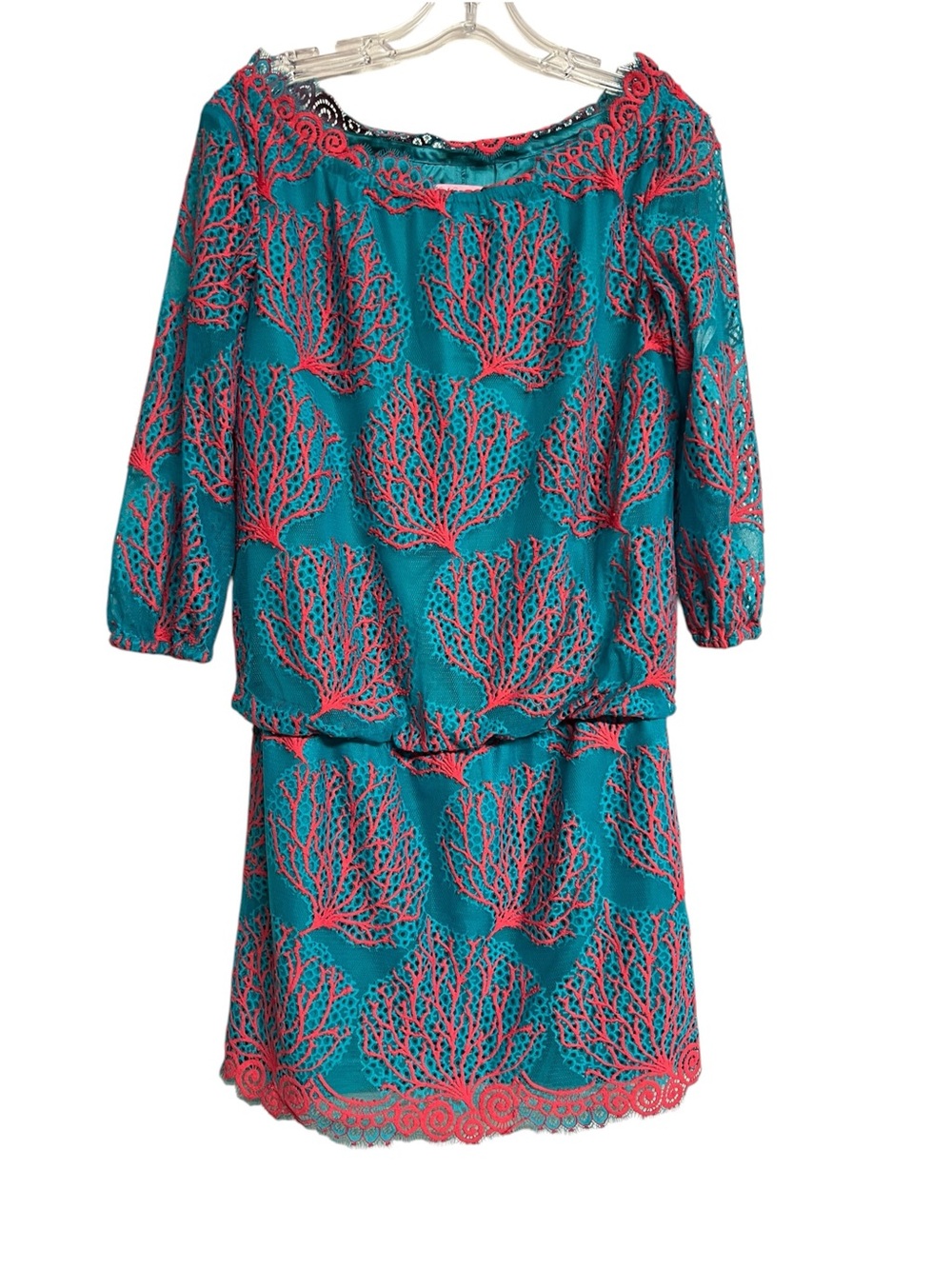 Lilly Pulitzer Cee Cee Teal & Coral Mesh Lace Women's Dress Coastal Beach